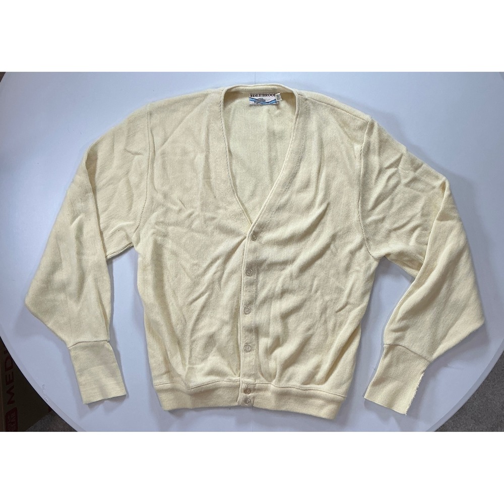 VTG 70s Idlebrook Grandpa Cardigan Sweater Cream Acrylic Knit Preppy Mens XL